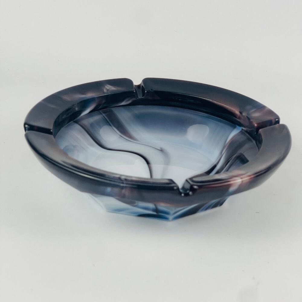 Vintage Purple, Blue and White Slag Glass Ashtray 7”